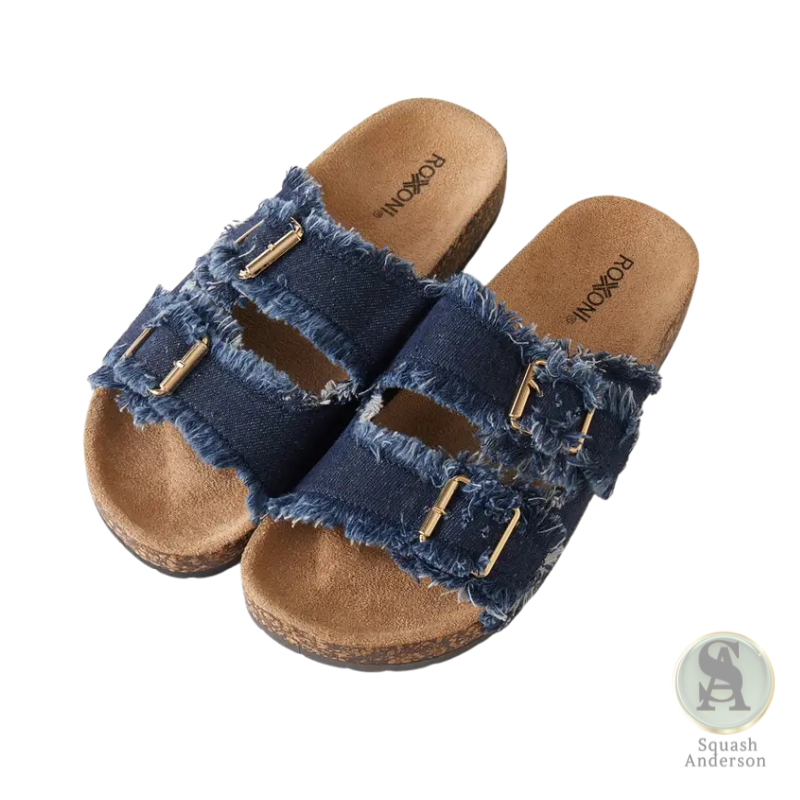Roxoni Double Buckle Denim Slide Sandals