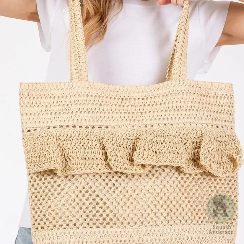 Ruffle Detail Crochet Straw Tote Bag