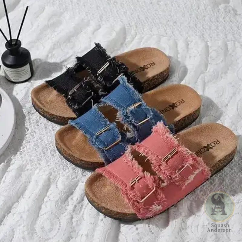Roxoni Double Buckle Denim Slide Sandals
