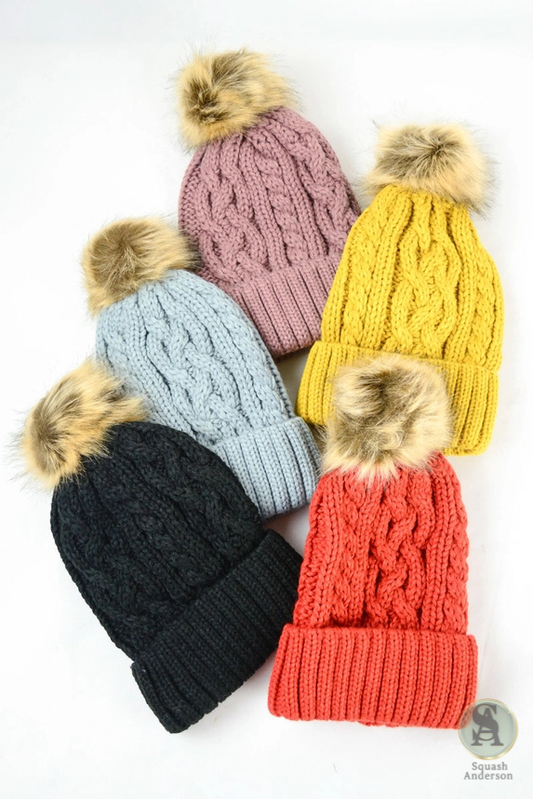 Cable Knit Beanie with Faux Fur Pom