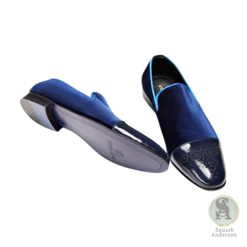 Navy Blue Velvet and Blue Patent Leather Toe Cap Loafers