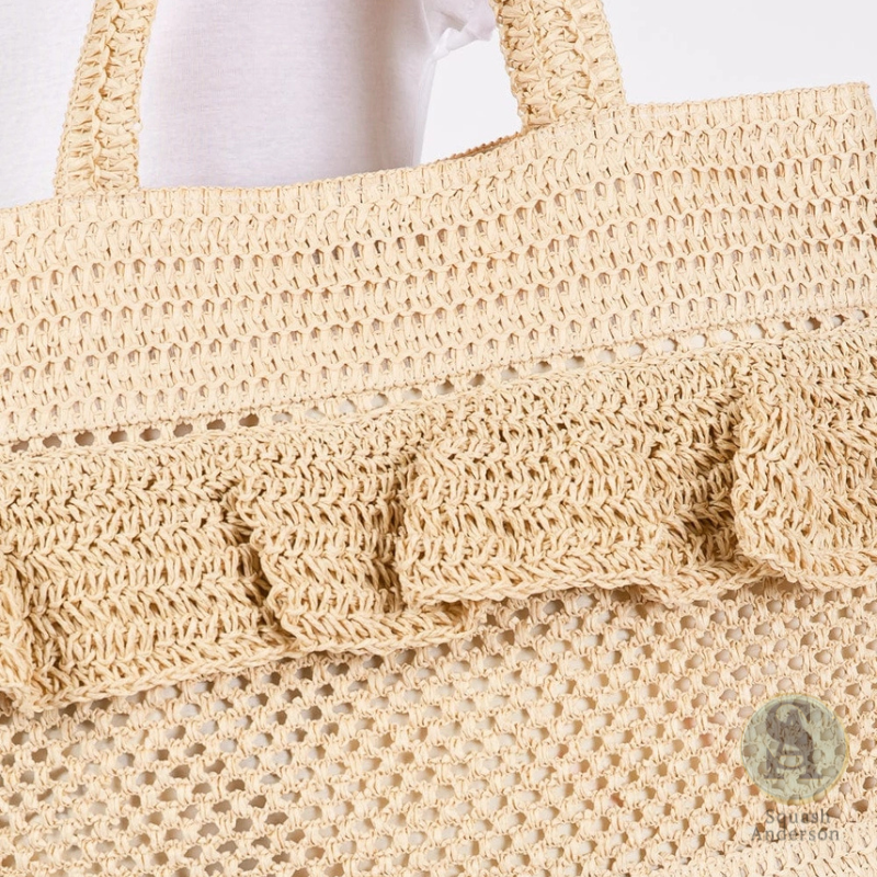 Ruffle Detail Crochet Straw Tote Bag