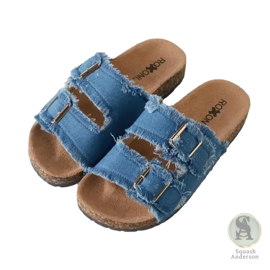 Roxoni Double Buckle Denim Slide Sandals