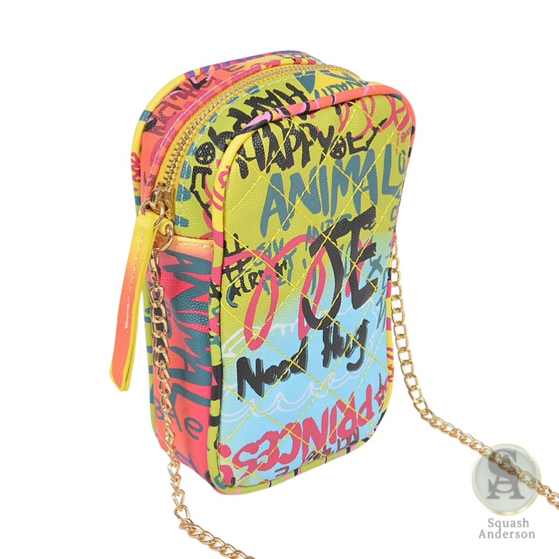 Graffiti Quilted Cellphone Crossbody Bag