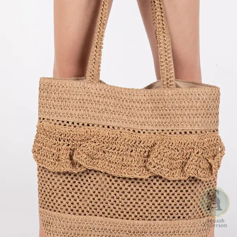 Ruffle Detail Crochet Straw Tote Bag