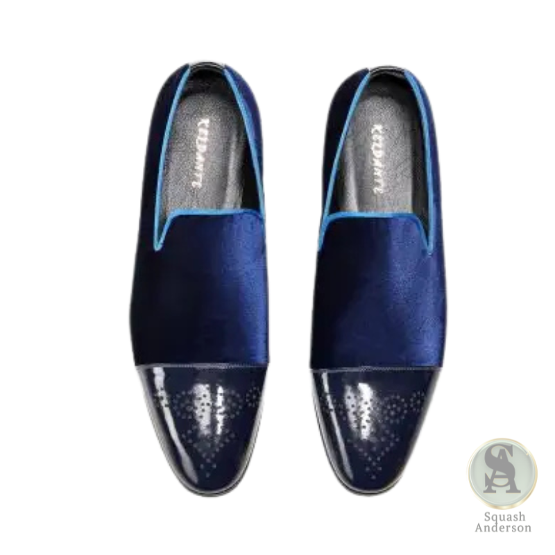 Navy Blue Velvet and Blue Patent Leather Toe Cap Loafers