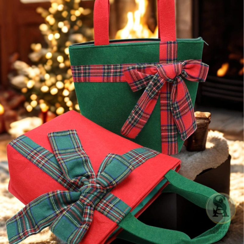 Christmas Plaid Bow Tote Bag