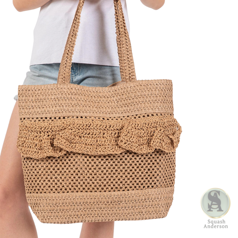 Ruffle Detail Crochet Straw Tote Bag