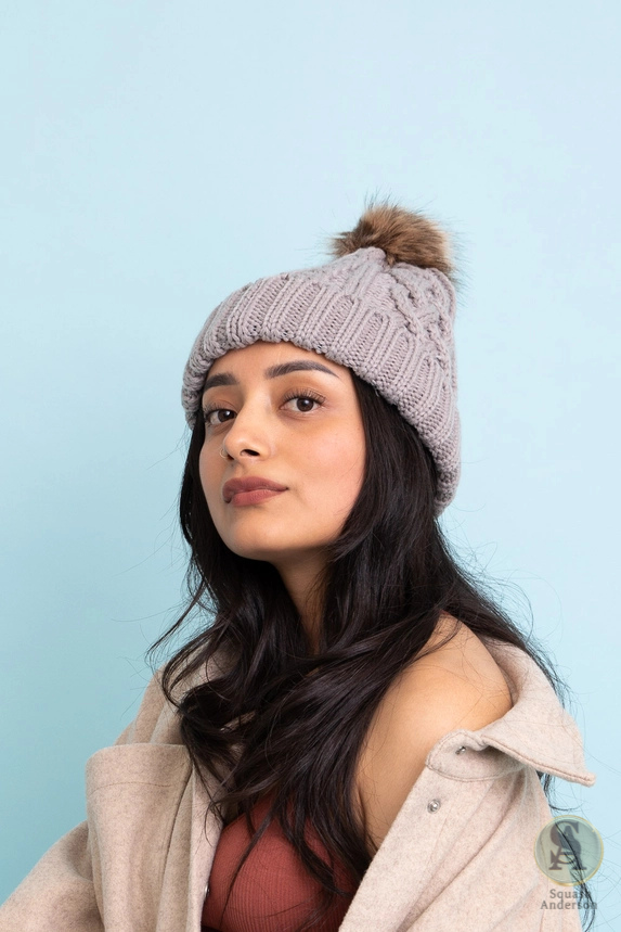 Cable Knit Beanie with Faux Fur Pom